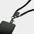 A smartphone attached to a black lanyard with a clip and branded tag.