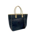 Black tote bag with beige handles and trim, standing upright on a white background.