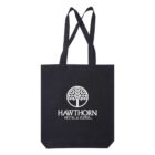 Black tote bag with Hawthorn Hotel & Suites and a tree logo printed in white.