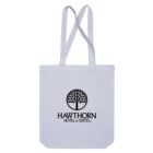 White tote bag with Hawthorn Hotel & Suites logo and tree graphic in black.