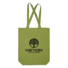 Green tote bag with a tree logo and HAWTHORN HOTEL & SUITES printed in black.