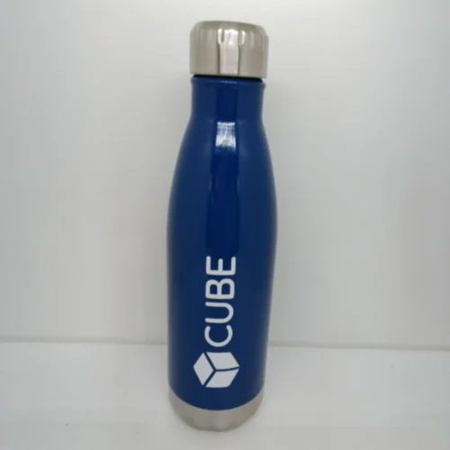 Blue stainless steel water bottle with silver cap and CUBE logo printed in white.