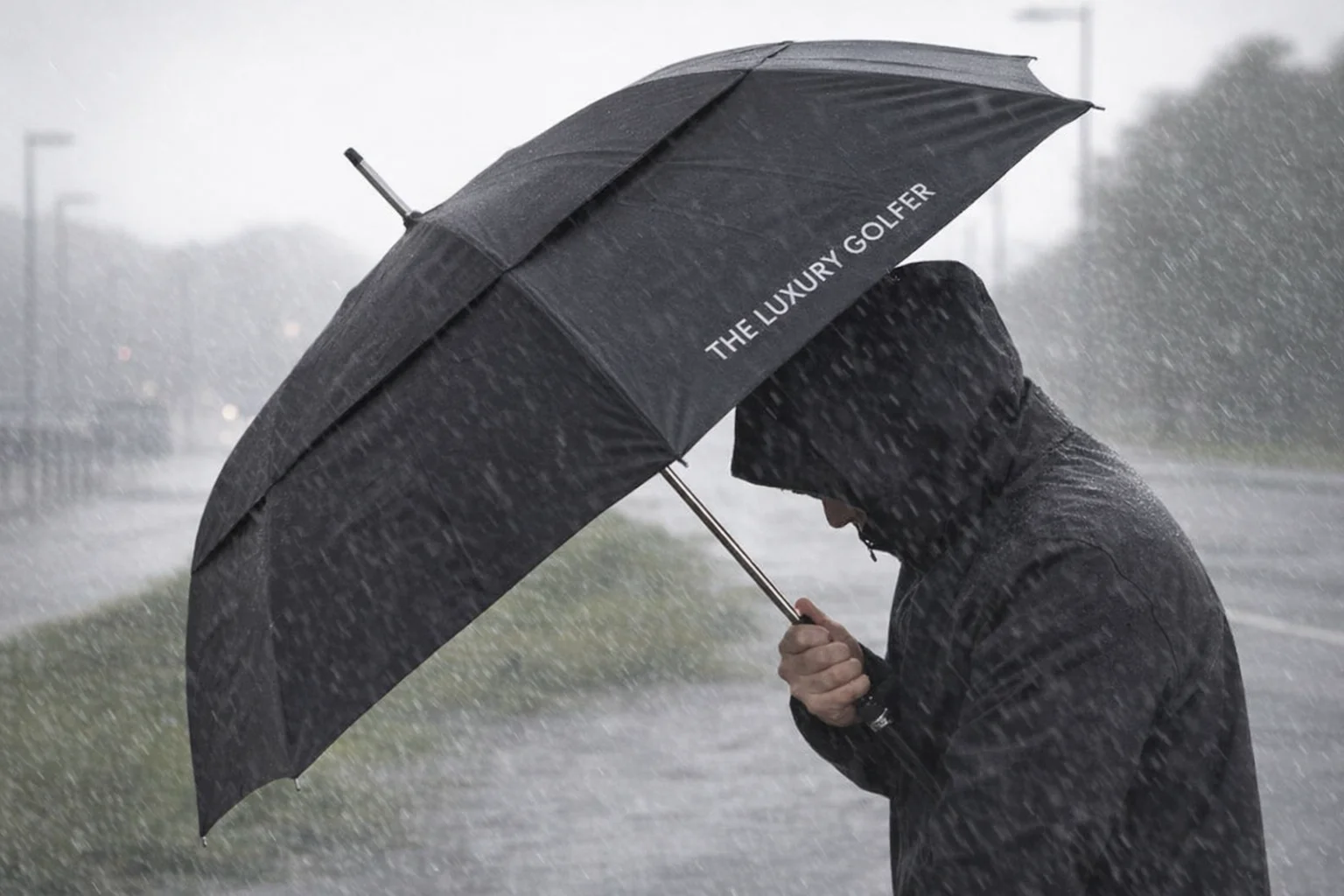 Person in The Luxury Golfer hooded jacket holding a black umbrella in heavy rain.
