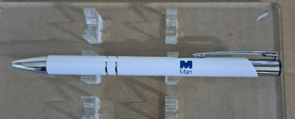 A white pen with silver accents and a blue Man Group Australia logo on a clear display stand.