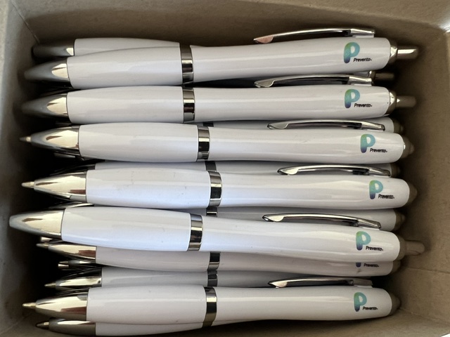A box of white Prevento pens with a blue and green P logo and silver clips in Sydney.