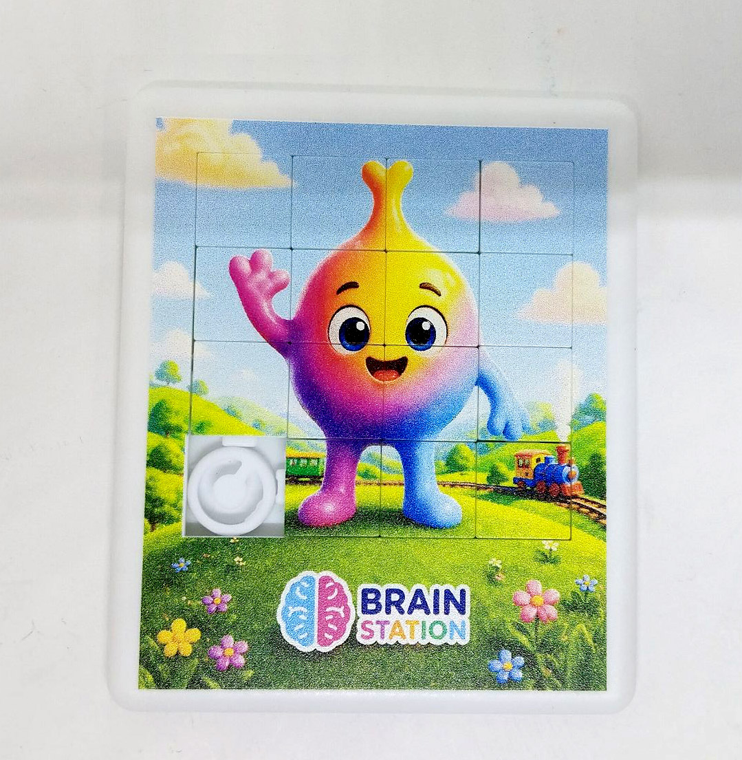 Colorful cartoon character on a sliding puzzle labeled BRAIN STATION at Western Sydney University.