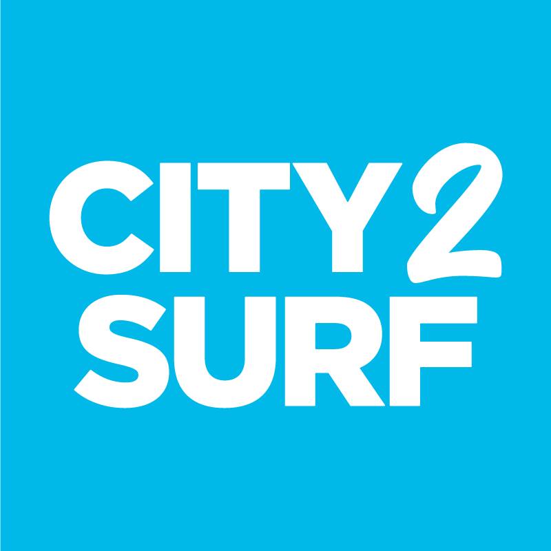 White text CITY2SURF on bright blue, highlighting City2Surf Sydney and its sponsors.