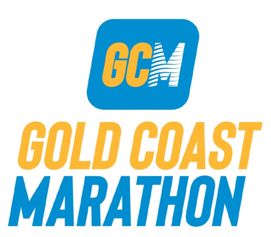 Gold Coast Marathon event logo with yellow and blue text and bold GCM initials.