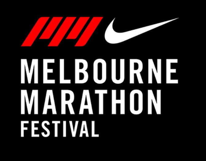 Melbourne Marathon Festival logo with red stripes and Nike swoosh on black background.