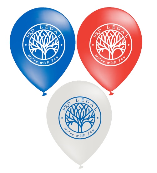 Three balloons (blue, red, white) with PRD Legal logo and Happy Client, We’re with you text.