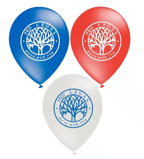 Three balloons (blue, red, white) with PRD Legal logo and Happy Client, We’re with you text.