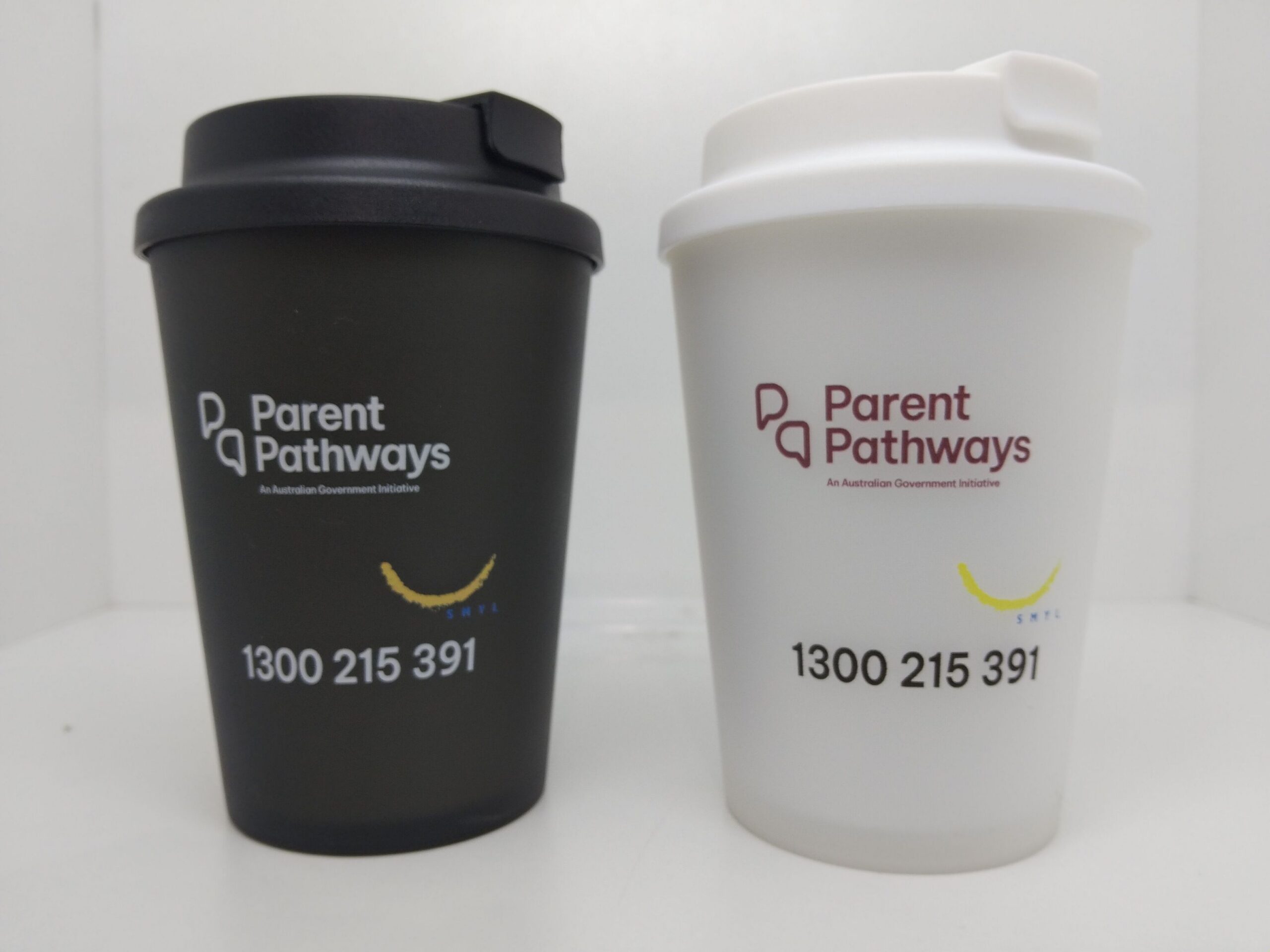 Two reusable cups with Parent Pathways branding for a satisfied client at SMYL.