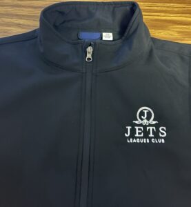 black jacket branded with jets leagues club logo