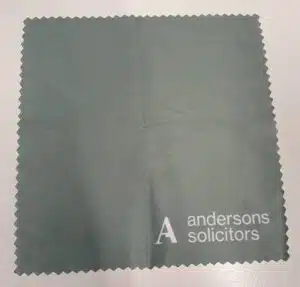 microfibre cloth printed with andersons solicitors logo