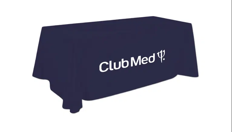 Navy tablecloth with white Club Med logo, perfect for RMIT University Student Union events.