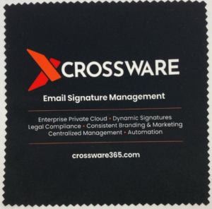 black microfibre cloth with crossware logo and text