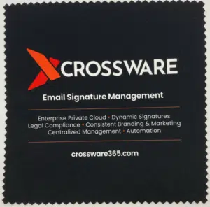 black microfibre cloth with crossware logo and text