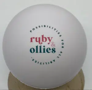 white stress balls printed with ruby & ollies logo