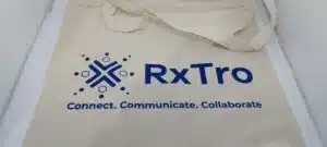 white tote bag printed with rxtro logo