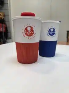red and blue reusable cups