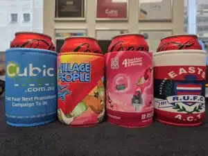 colorful stubby coolers with custom-printed patterns