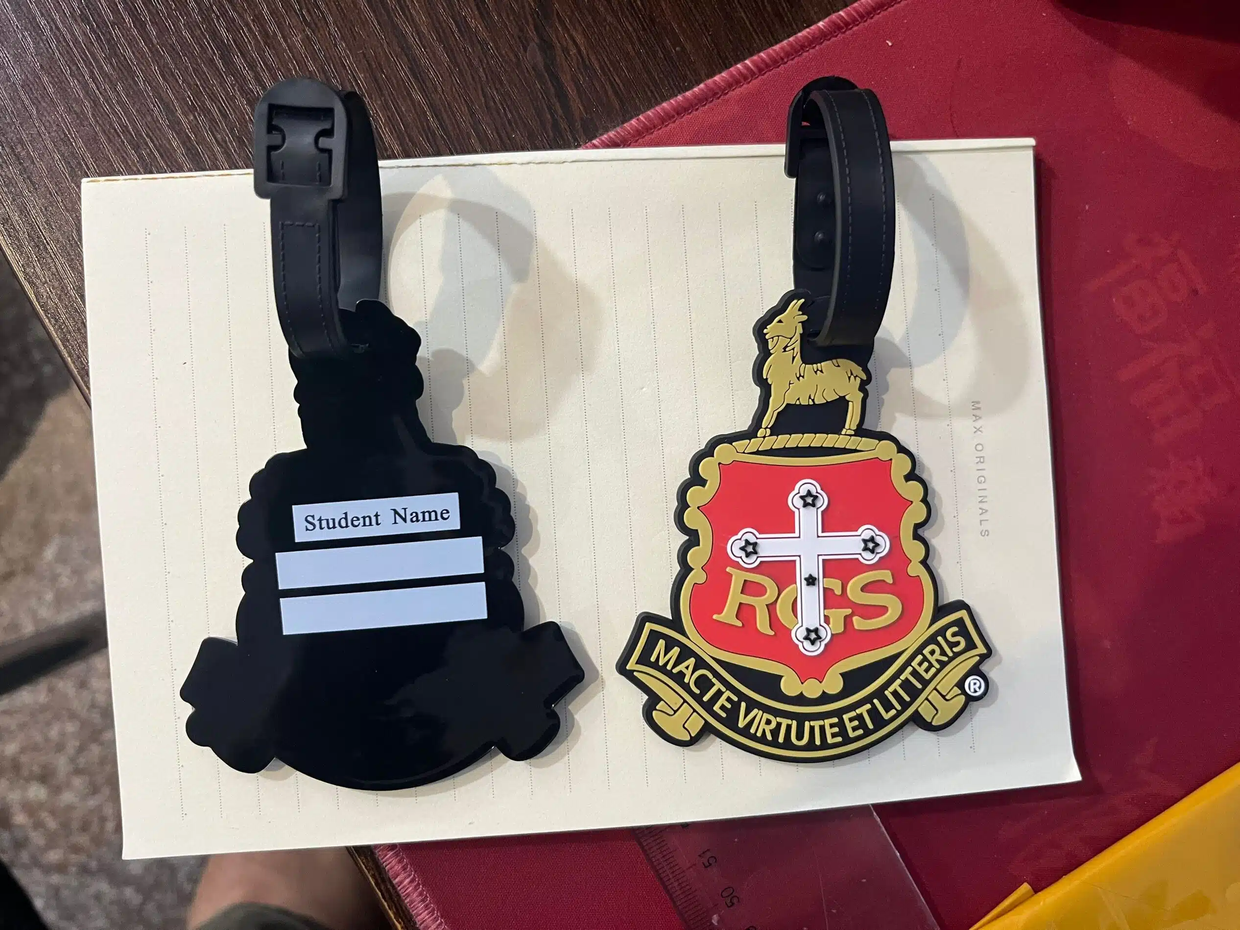 Rockhampton Grammar School custom crest luggage tag, front and write-on back