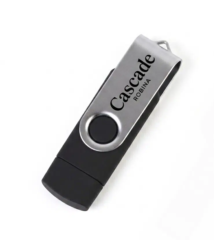 Black and silver laser-engraved swivel USB drive