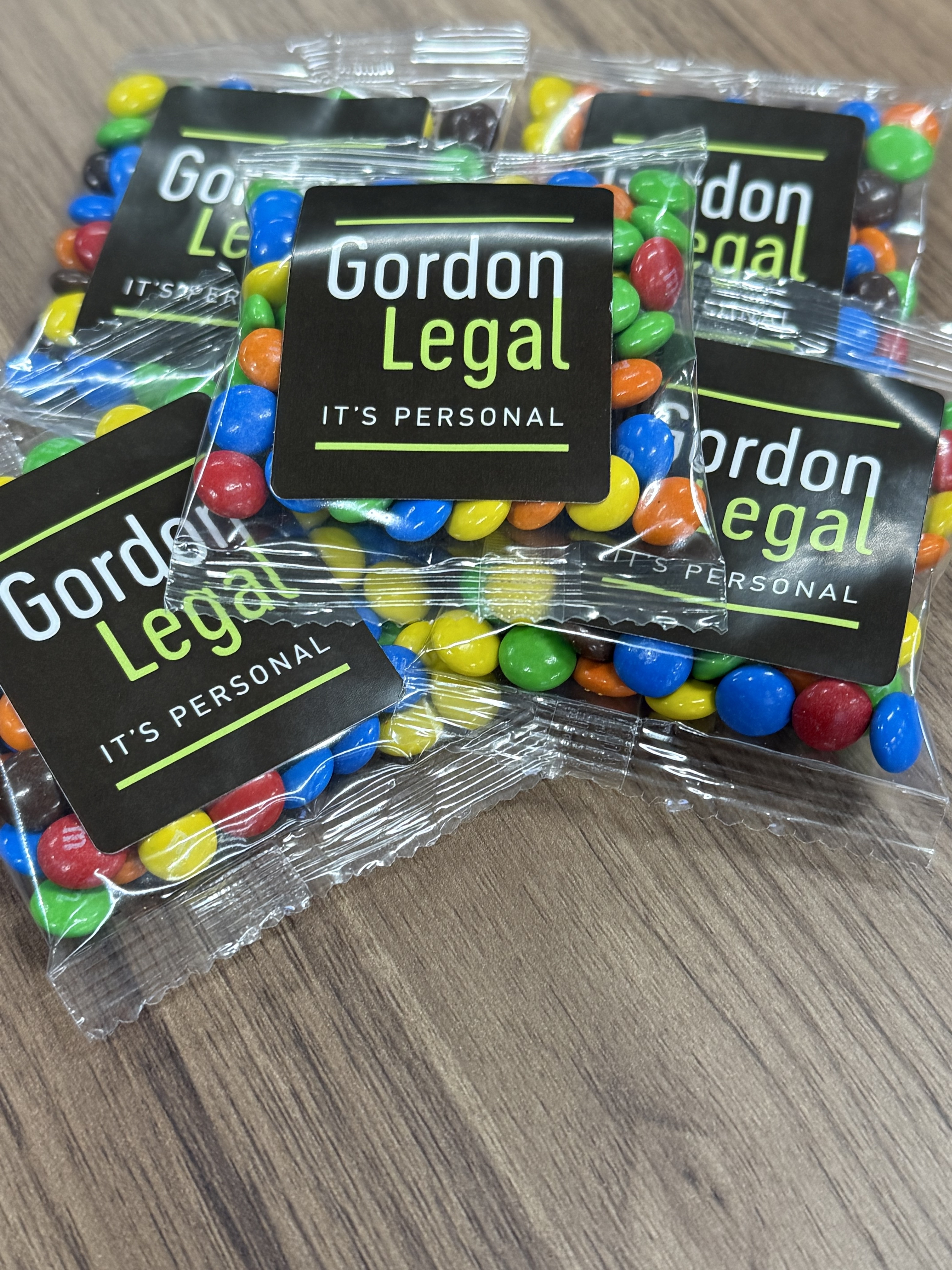 Gordon Legal branded mini M&M's 25g bags
