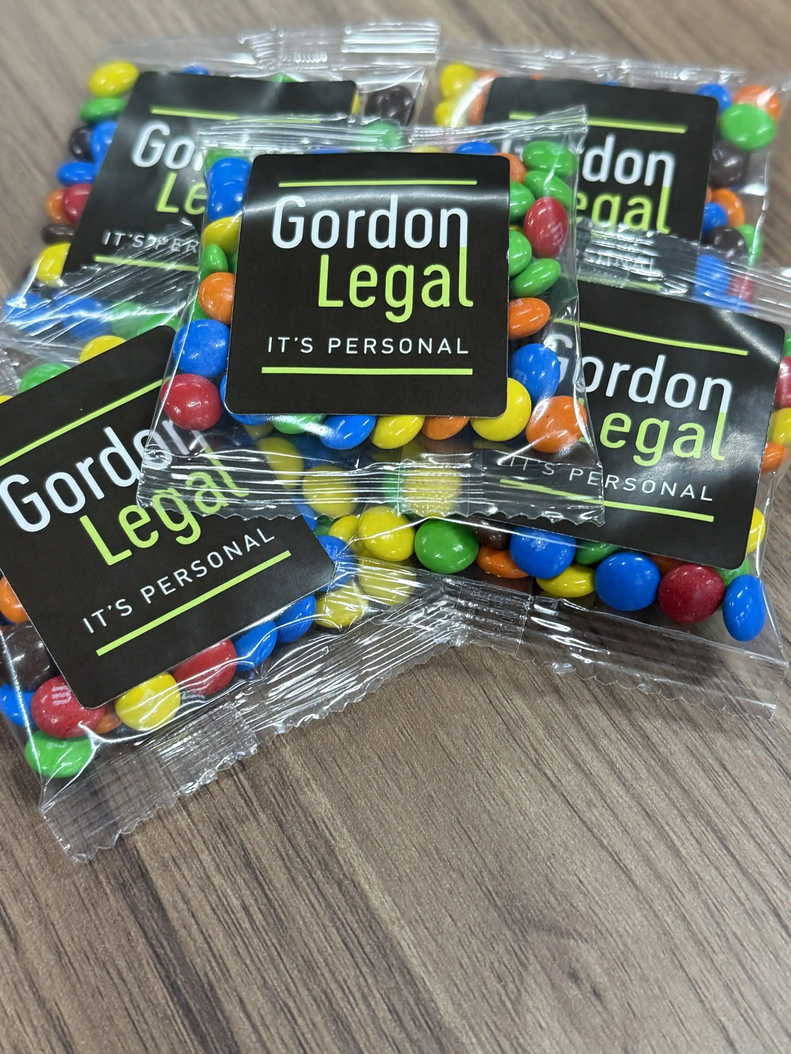 Gordon Legal branded mini M&M's 25g bags
