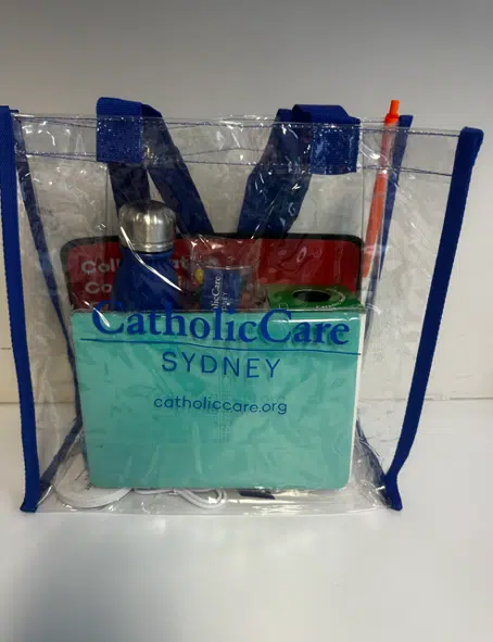 Clear PVC CatholicCare Sydney goodie bag with royal-blue trim