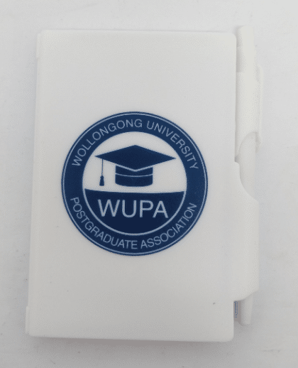 Branded pocket notebook with attached pen