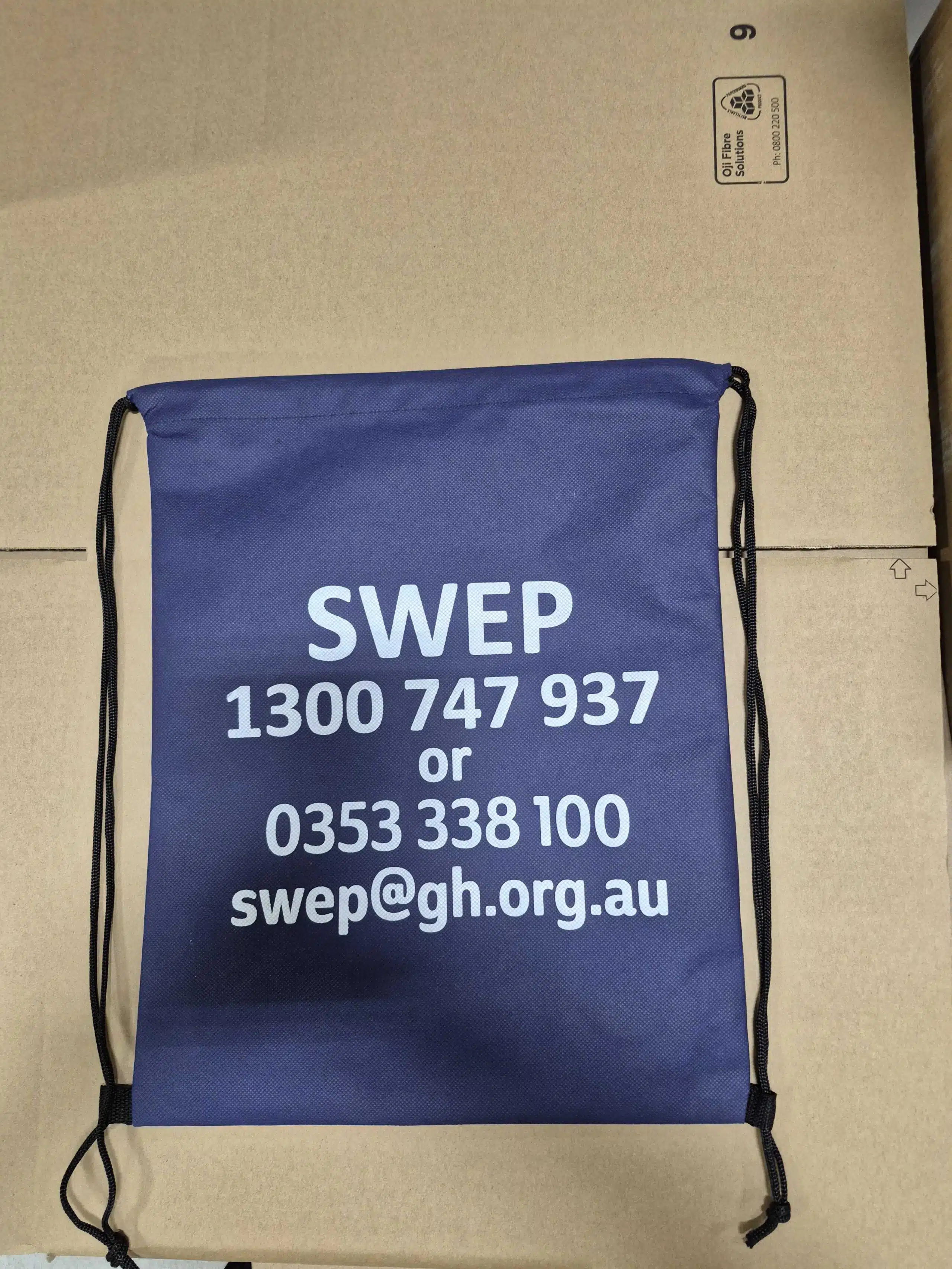 SWEP-branded drawstring backpack