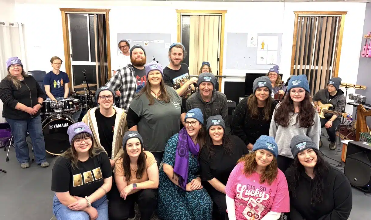 B&C Events embroidered beanies in purple, blue and grey