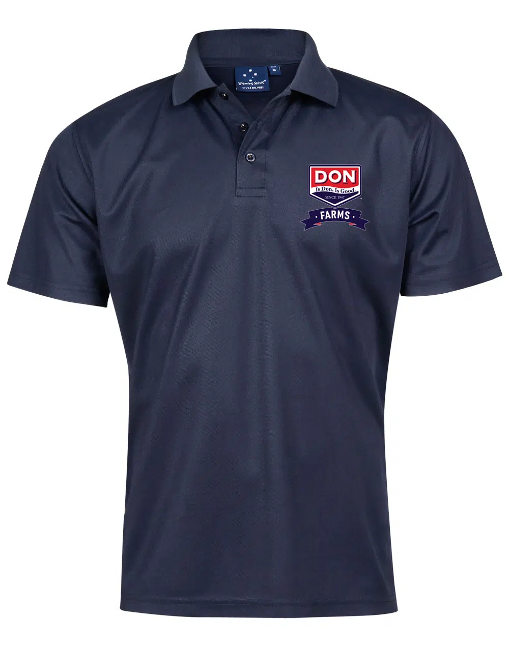 Navy corporate polo with full-colour DON Farms logo