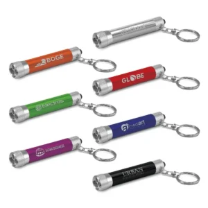 Assorted coloured promotional mini torches with key rings