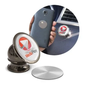 Magnetic branded phone holder attached to a car dashboard