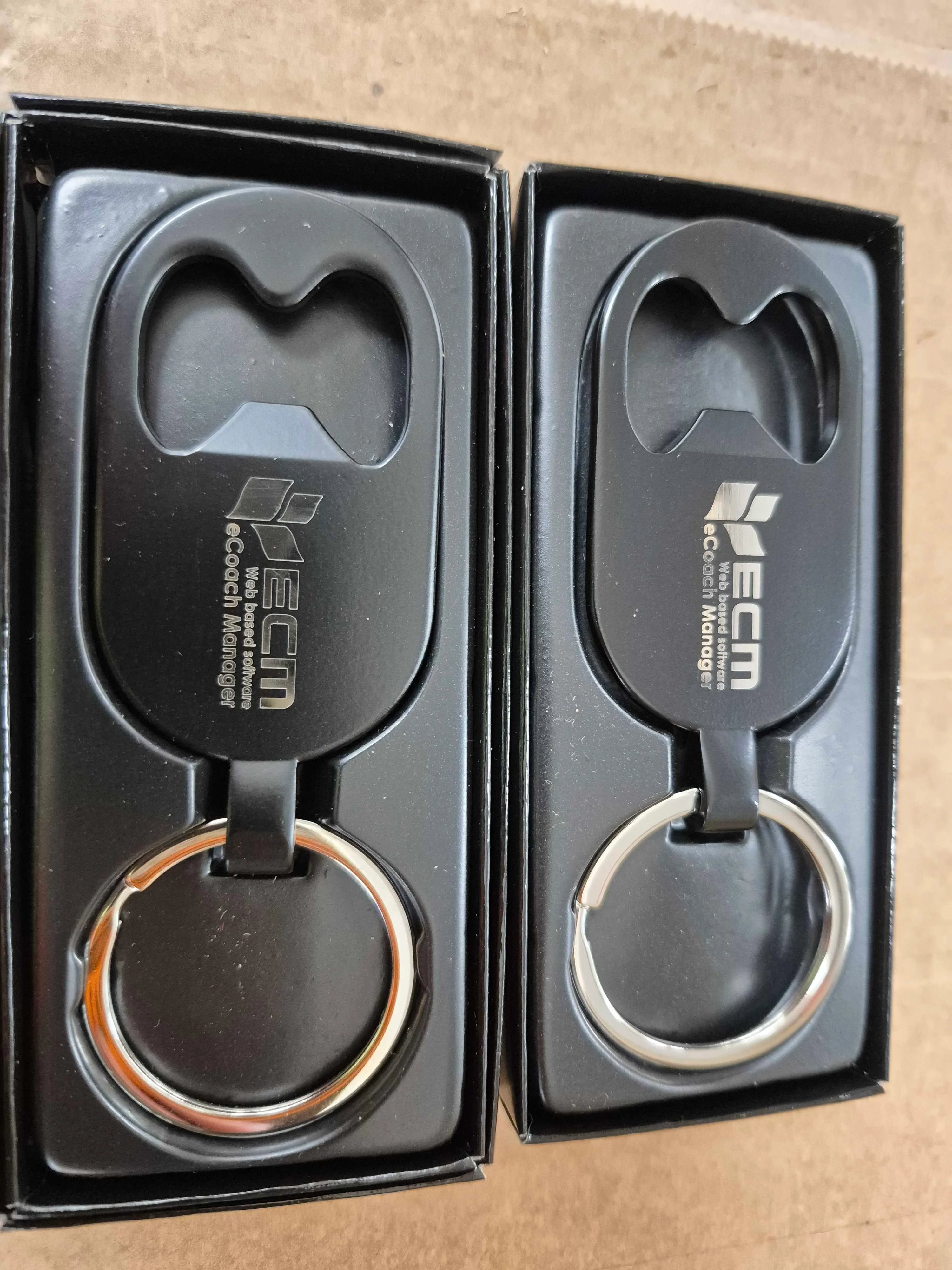 The Coach Company branded bottle opener keyrings in a presentation box