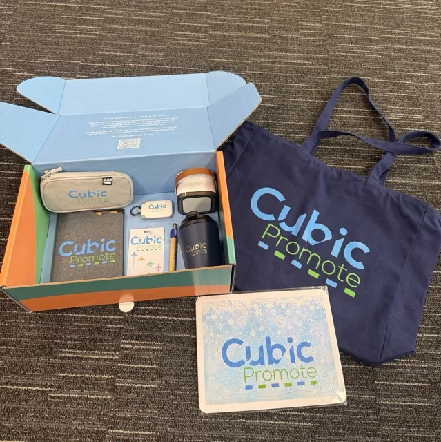Cubic Promote branded gift box with a keep cup, drink bottle, notebook, pen and tote bag