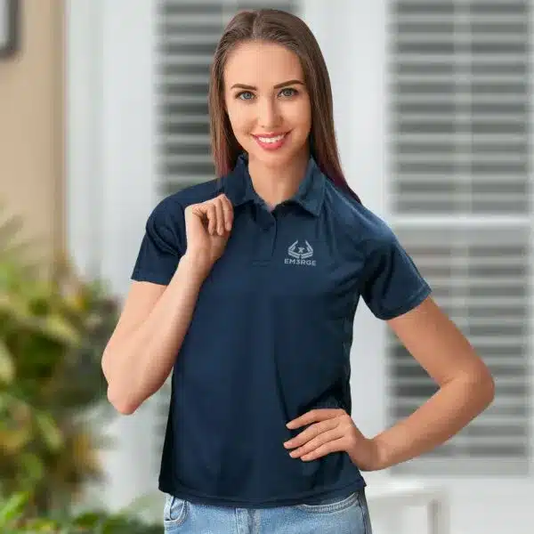 Promotional apparel guide featuring a branded navy polo