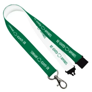 Printed navy lanyard with a logo repeat