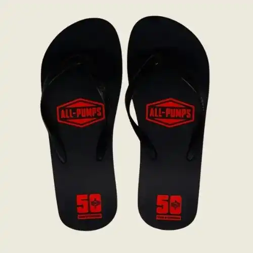 Black promotional thongs printed with red logos