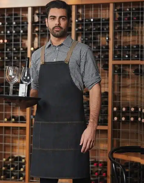 Village denim bib apron for hospitality branding