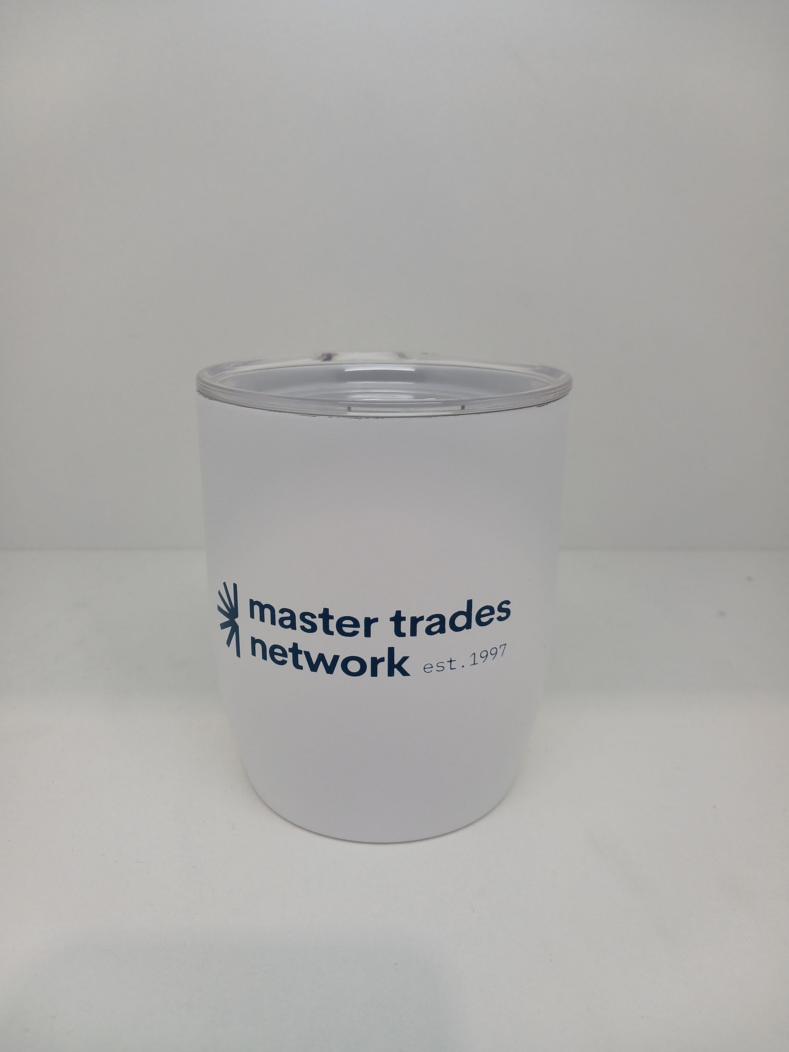white insulated mug branded with logo