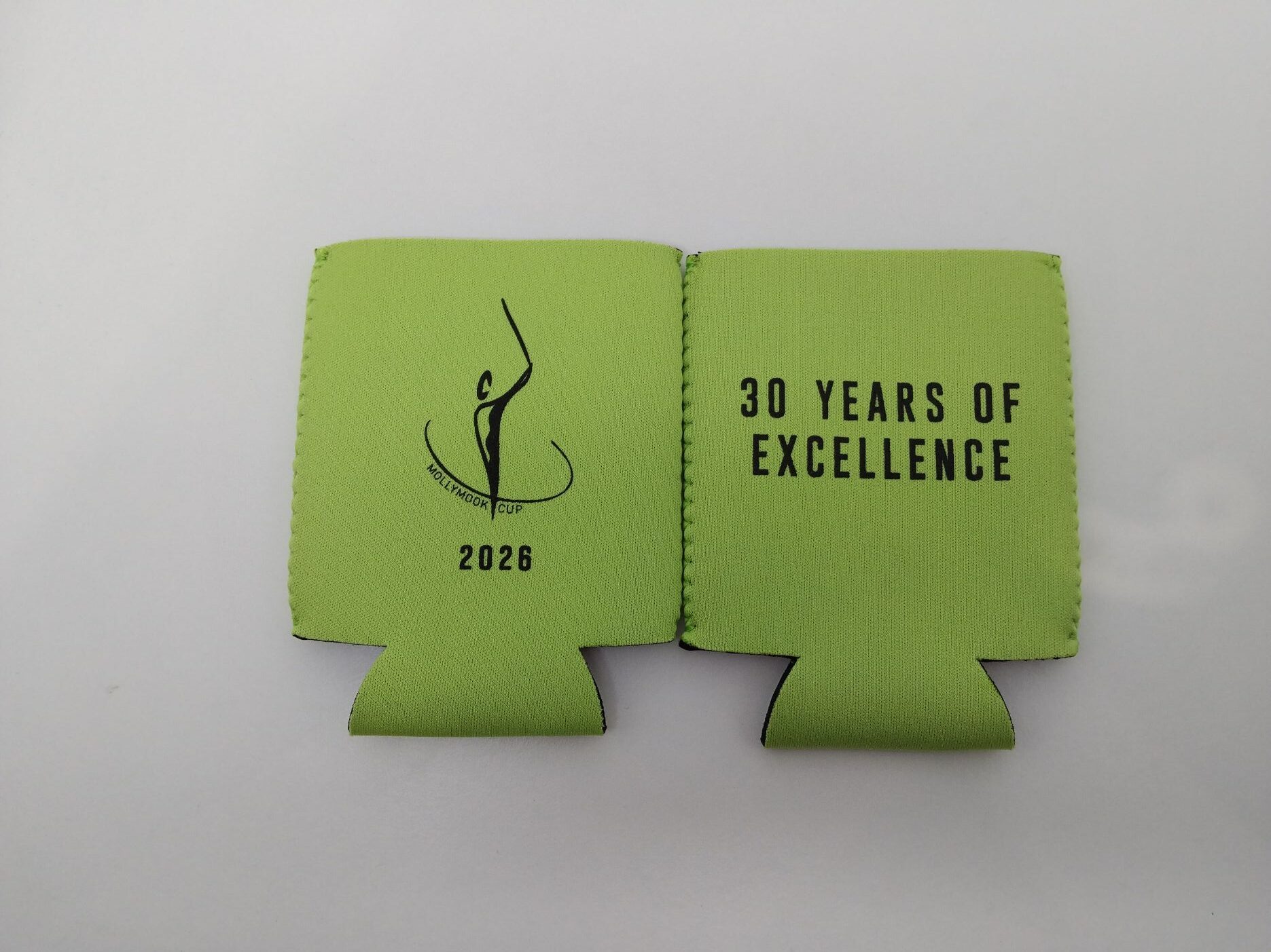 yellow green stubby coole rwith cylo group logo, 2026 and 30 years of excellence prints