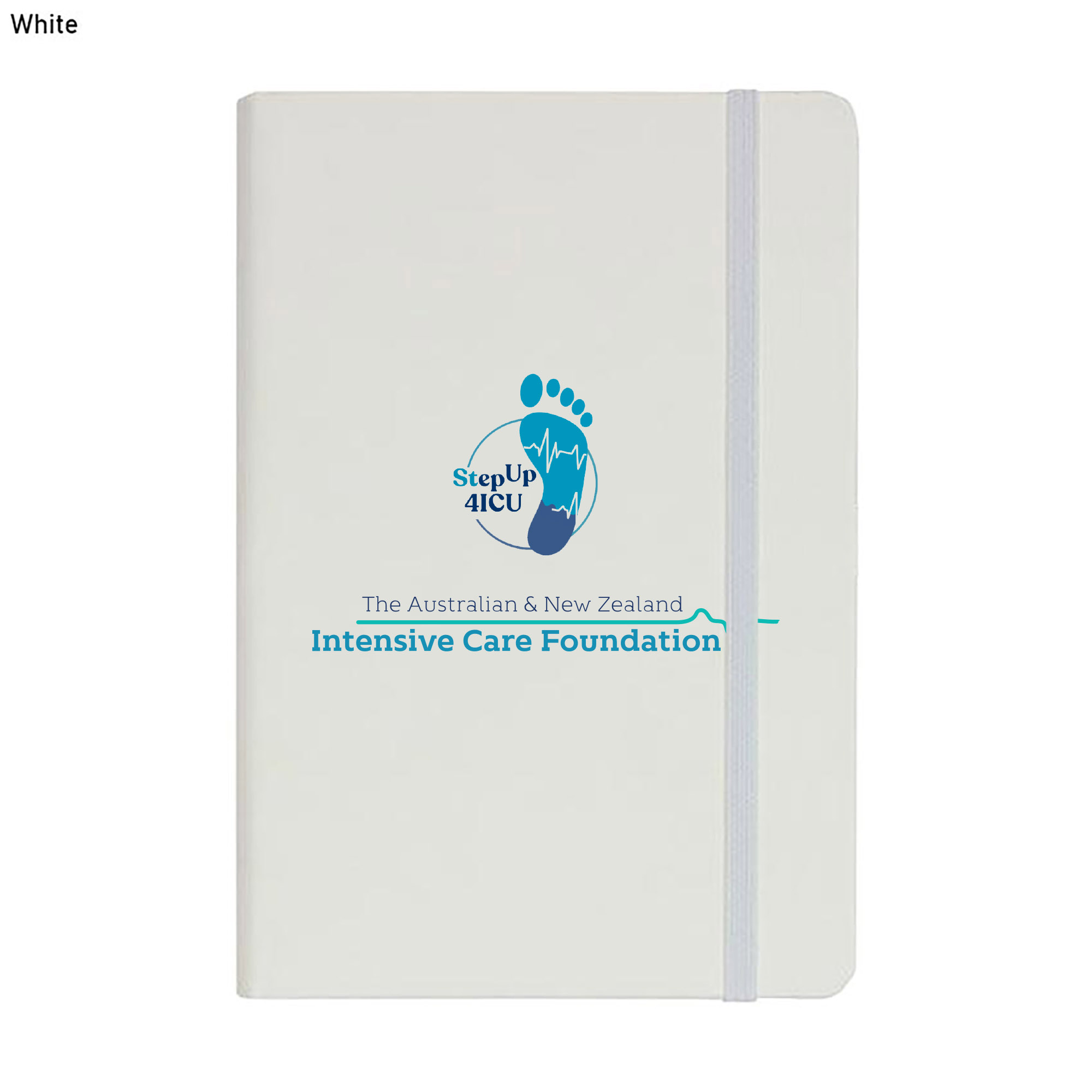 white notebook branded with intensive care foundation logo