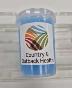 Clear cylindrical cup of blue branded slime with a full wrap Country & Outback Health label in full colour.