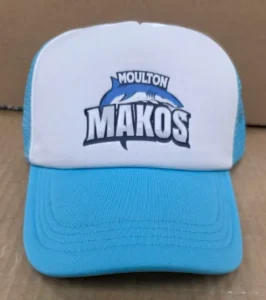 Custom sky blue and white trucker cap with Moulton Makos shark logo printed on the white front panel for Newington College.