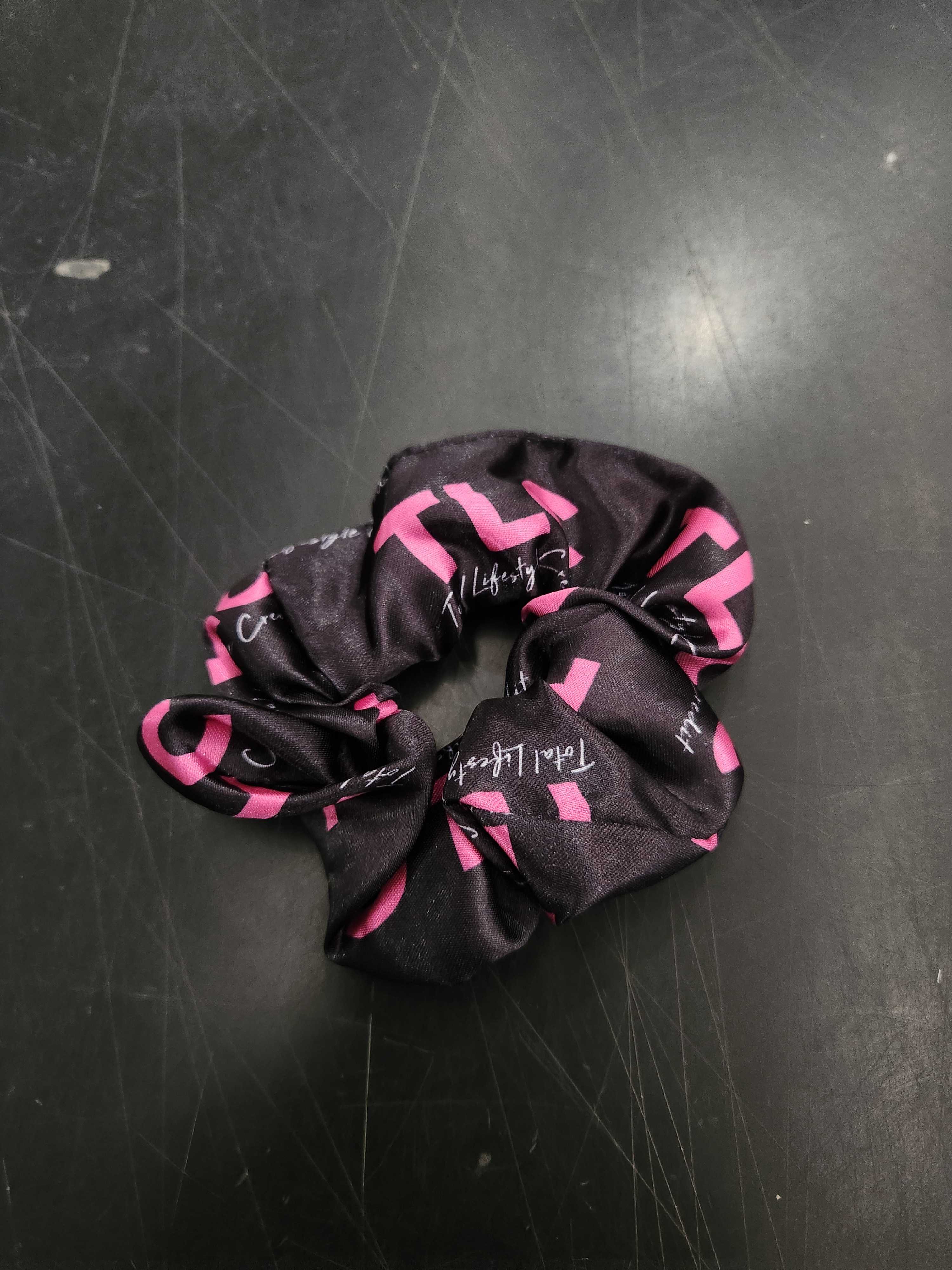 black and pink scrunchie customised with logo