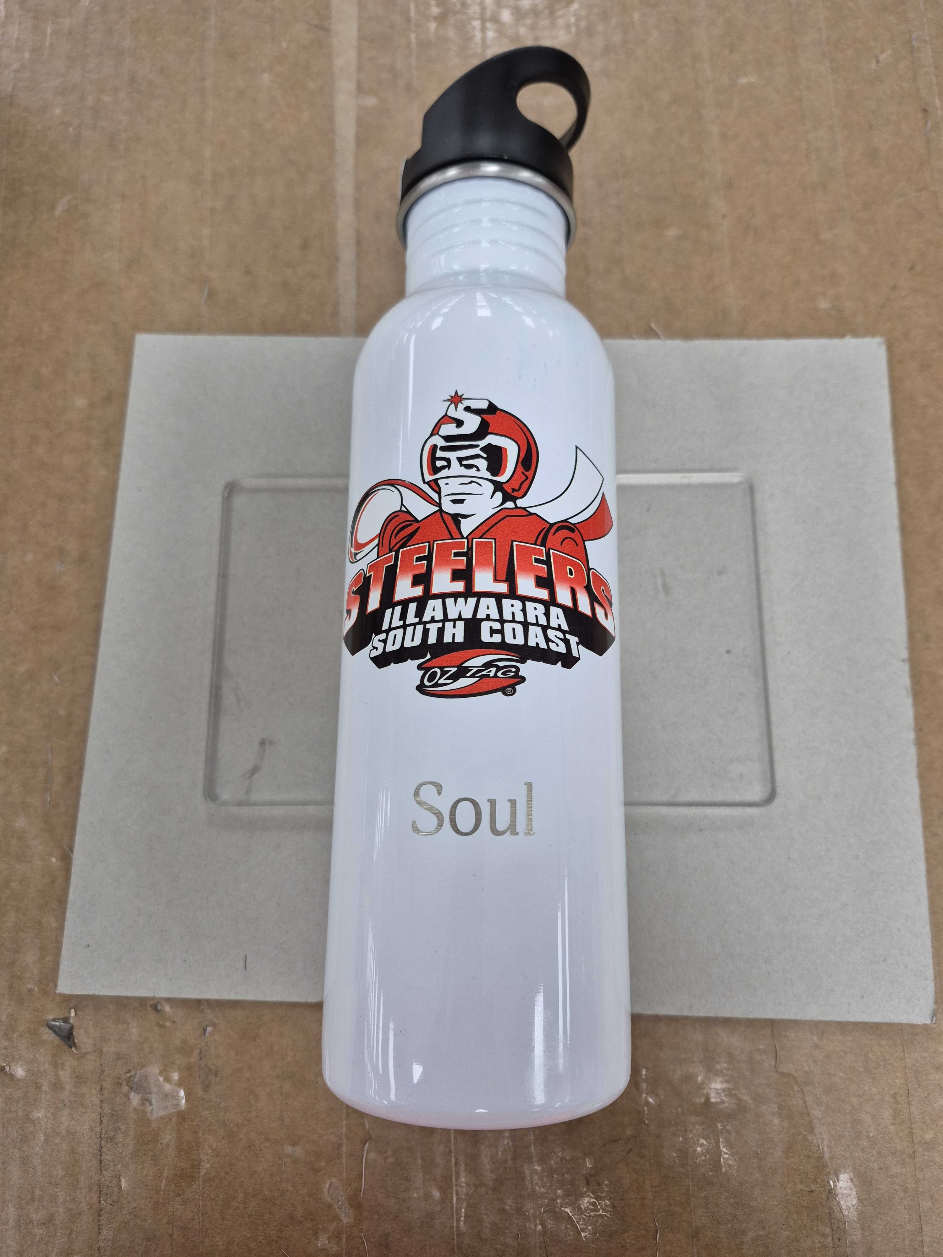 white drink bottle customised with steelers oztag logo