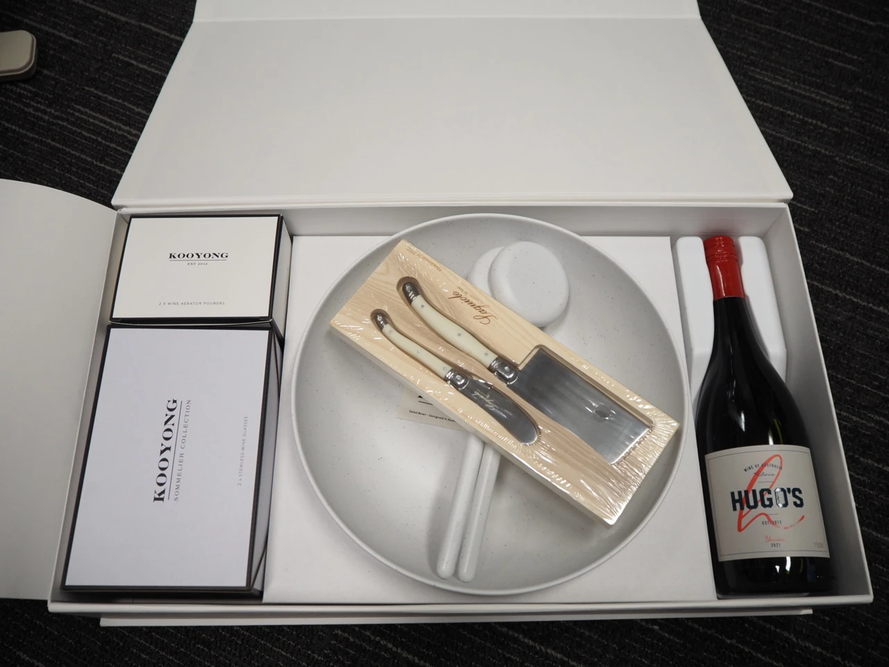 wine and knife set gift box customised with harcourts logo
